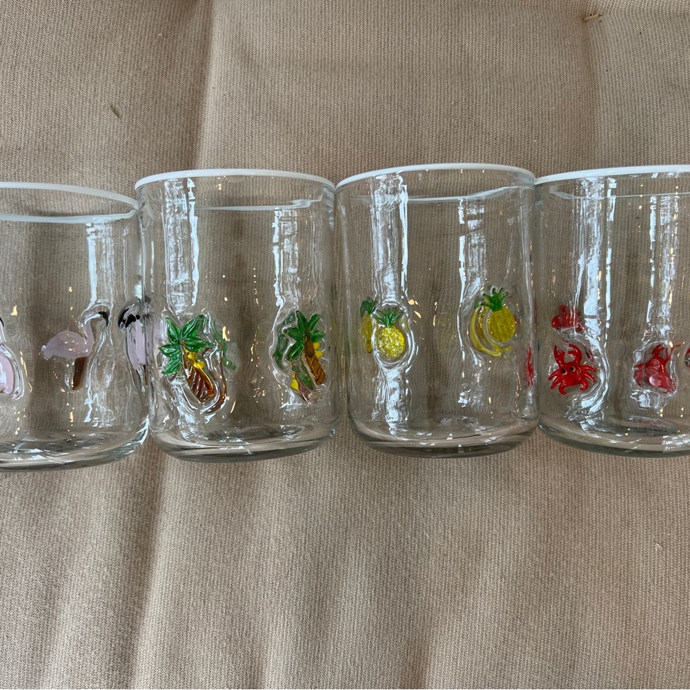 Anthropologie Icon Glasses Coastal Beach Set 4 Flamingo Crab Palm Tree Pineapple